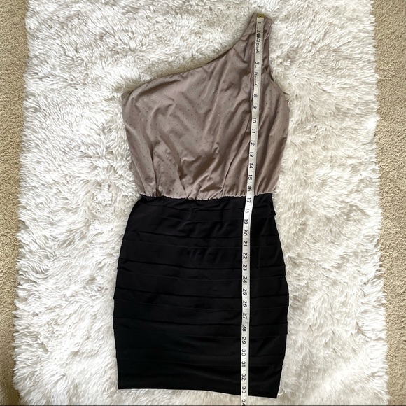 b.too | one-shoulder brown and black rhinestoned dress cinched waist size small - Picture 8 of 11